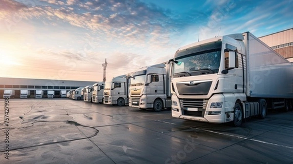 Fototapeta Close up fleet of trucks parked in front of warehouse to delivering factory goods. AI generated