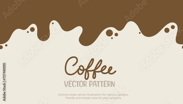 Obraz Liquid coffee background. Flat style dripping coffee flat style vector illustration. Dark espresso coffee, cocoa or hot chocolate liquid with drops and splashes. Simple cartoon coffee spill. 