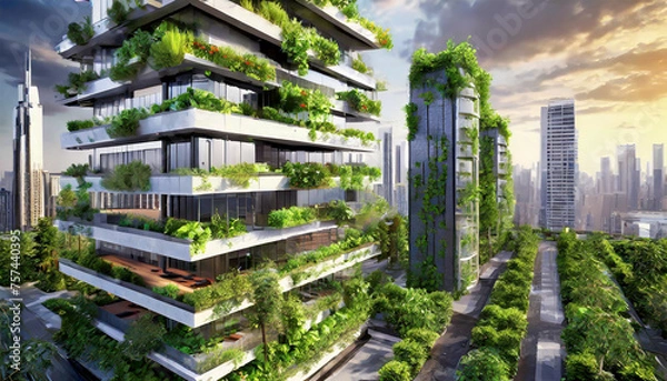 Fototapeta Modern buildings with vertical gardens and terraces with green plants and trees. Eco-friendly architecture in a modern city to reduce CO2 emissions and increase oxygen production. Generative Ai.