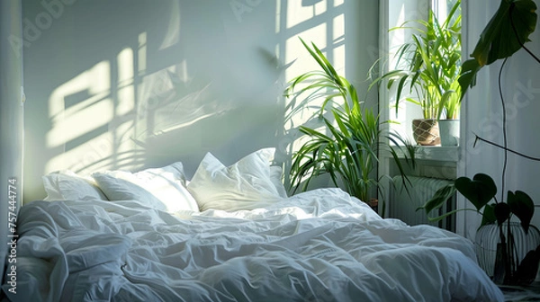 Obraz A fresh bedroom scene with morning light casting playful shadows over a comfortable white bed and indoor plants