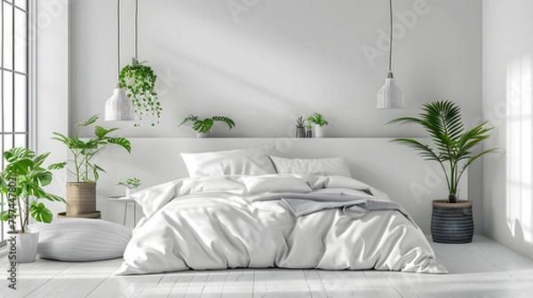 Fototapeta Contemporary bedroom scene with lush greenery, white bedding, and natural light, evoking a crisp, clean feeling