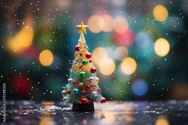 Fototapeta miniature small christmas tree on bokeh background - festive xmas horizontal banner with copy space