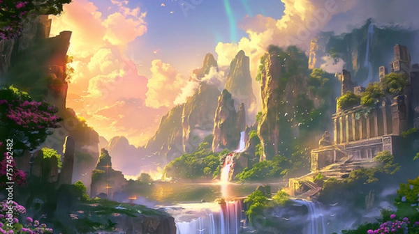 Obraz mythical garden filled with ancient ruins. Generative AI