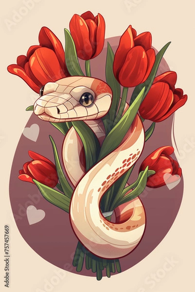Obraz cute snake holding bouquet. Generative AI
