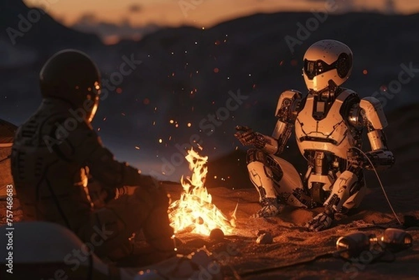 Fototapeta A group of friends sits together around a crackling bonfire, sharing stories and enjoying the warm glow of the flames, A robot sitting around a campfire with humans, AI Generated