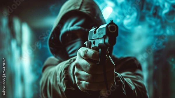 Fototapeta Ein Mann mit Kapuze und vermummt mit Waffe bedroht jemanden in einem dunklen rauchigen Ort wahrscheinlich ein Kriminieller oder Bandenmitglied