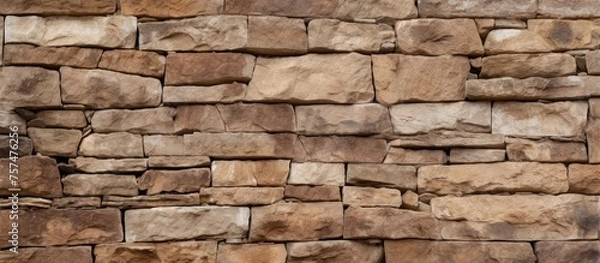 Fototapeta A close up of a brown stone wall made of rectangular bricks, showcasing the beautiful brickwork of this composite material. The beige color gives a natural and rocklike appearance