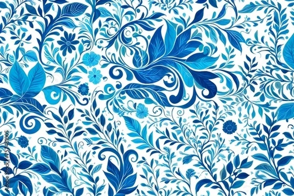 Fototapeta seamless pattern with flowers, Immerse yourself in a world of whimsical beauty with an AI-generated image of a blue and white background adorned with swirls and leaves