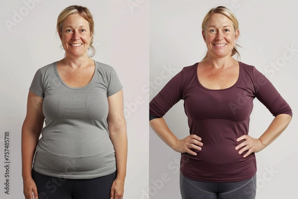 Obraz Middle aged overweight woman before and after slimming. Weight loss as a result of diet, liposuction, healthy lifestyle.
