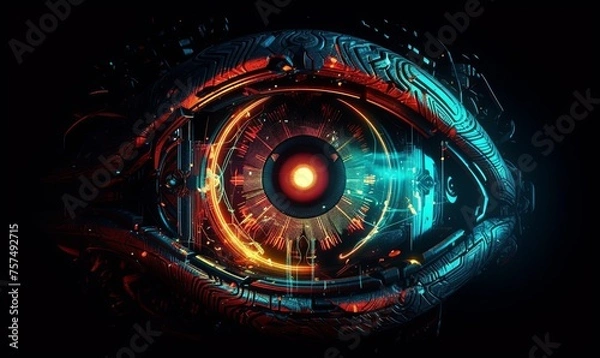 Fototapeta Mechanic digital eye close up. Cyber retina and 3d iris with microcircuits for biometric scanning and identification with security system and secure web acces