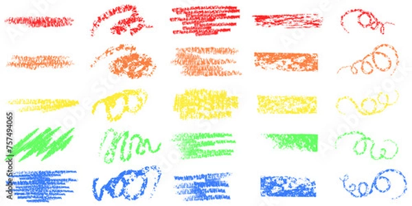 Fototapeta Set of colorful hand drawn crayons marker. Abstract scribble, lines drawing, crayons marker design elements. Vector illustration