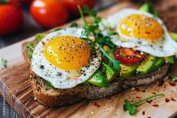 Fototapeta Avocado Toast with Fried Eggs and Arugula