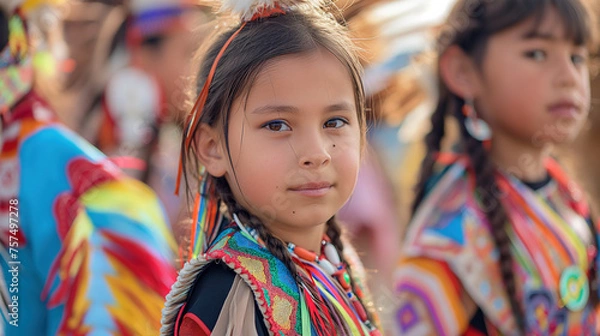 Obraz young native American girl in colorful regalia at an outdoor dance event. pow wow community