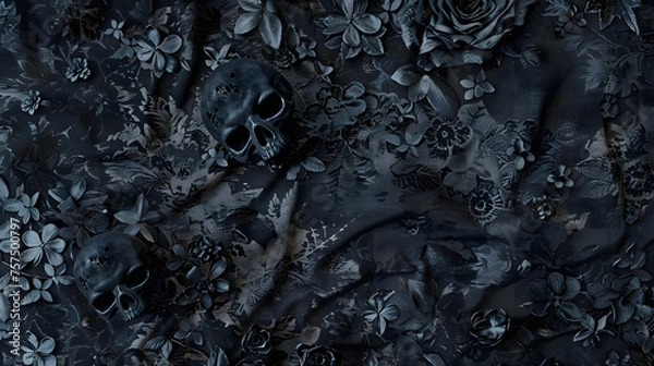 Obraz An artful image of a dark floral wallpaper with a subtle appearance of skulls amidst the foliage