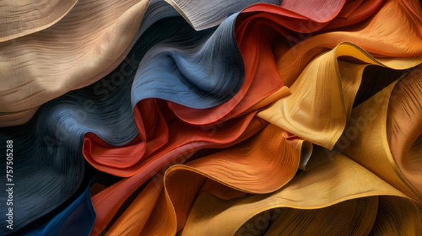 Obraz A dynamic display of colored textiles with layered folds in bold red, deep blue, and bright yellow, conveying movement and depth