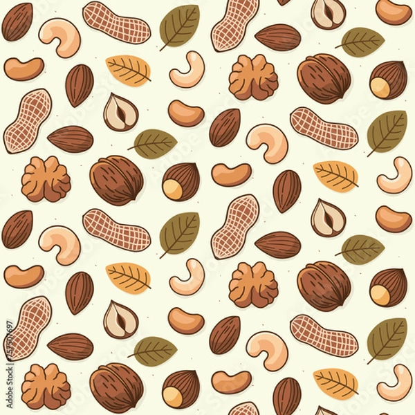 Fototapeta Walnut, haselnut and leaves seamless pattern design