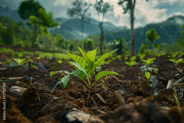 Fototapeta  a reforestation project where volunteers plant trees in deforested areas, restoring habitats and sequestering carbon to mitigate climate change