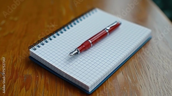 Fototapeta a red pen sitting on top of a notebook on top of a wooden table next to a cup of coffee.
