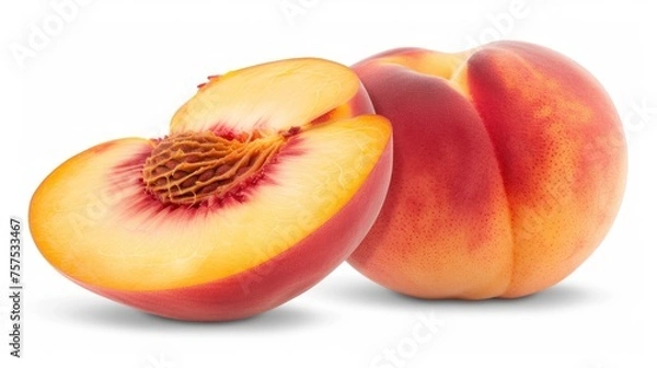 Fototapeta a peach cut in half and a whole peach on the other side with a bite taken out of one of the peaches.