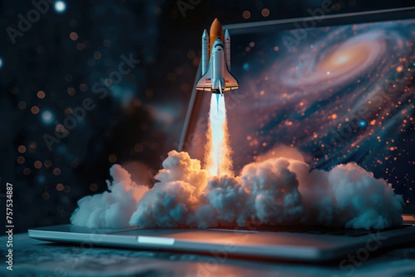 Obraz Space rocket launching from laptop, symbolizing start-up and innovative technology concepts.