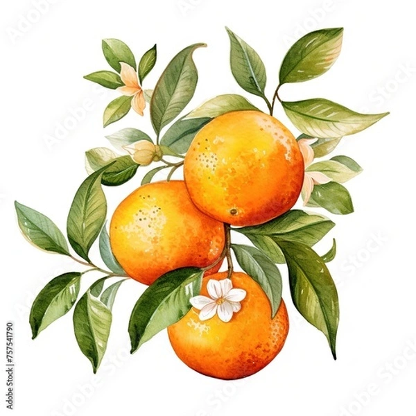 Fototapeta Oranges with lush green leaves and delicate white flowers watercolor botanical illustration for greeting cards, textile or wallpaper, vibrant pattern Generative AI