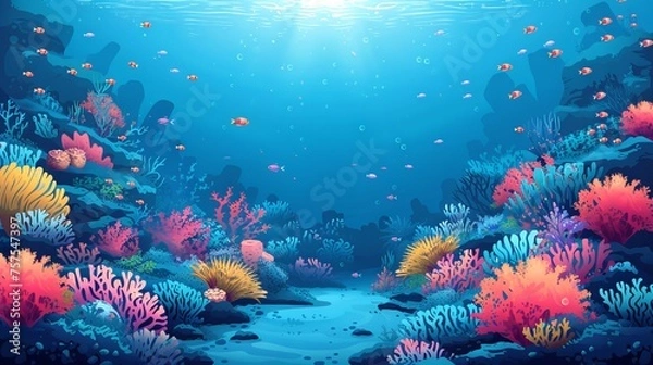 Fototapeta Vibrant coral reef in ocean waters. Colorful corals. Concept of marine life, underwater biodiversity, tropical ecosystem, and natural aquarium. Digital illustration, art