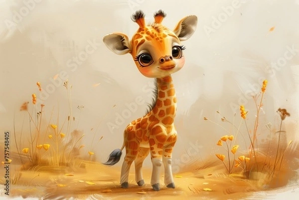 Obraz Cute Baby Cartoon Giraffe Generative AI