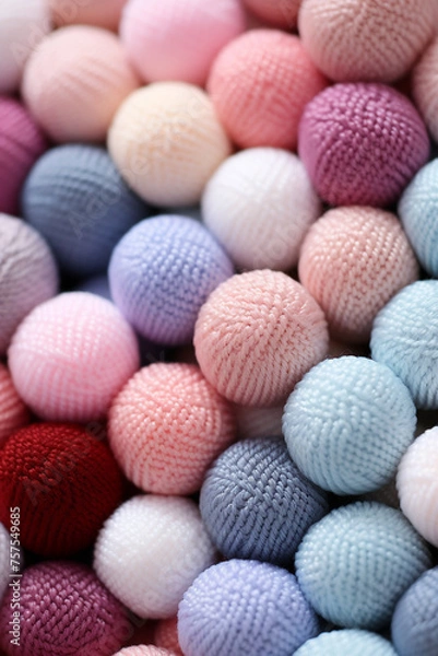 Obraz Different color wool balls on texture background, closeup view сreated with Generative Ai