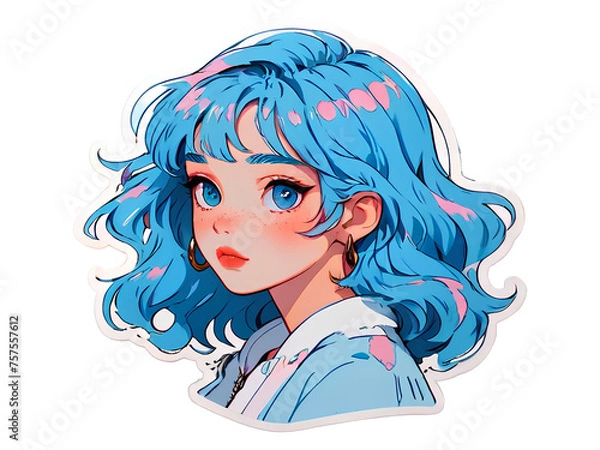 Fototapeta Beautiful cartoon anime girl with curly blue hair sticker with white border