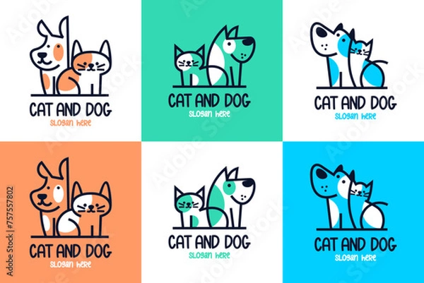 Fototapeta set of cat and dog logo , pet store , friendly , cartoon , vector design template.