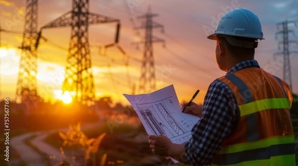 Fototapeta Engineering working on high-voltage tower, check the information on paper at sunset background