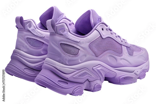 Fototapeta Front and back view of an ultra-violet chunky sneakers template. Bold and trendy, with exaggerated soles for a statement look, mockups for design and print, isolated on a white or transparent backgrou