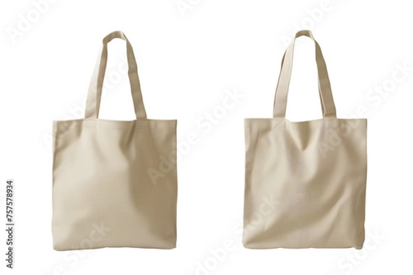 Fototapeta Front and back view of a bisque basic canvas tote bag template. Durable fabric with handles, mockups for design and print, isolated on a white or transparent background.