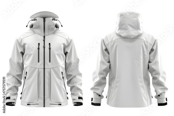 Fototapeta Front and back view of a minimalist white techwear jacket template. Waterproof and functional with a sleek design, mockups for design and print, isolated on a white or transparent background. 