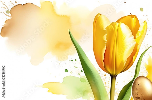 Obraz One yellow tulip and golden Easter egg on a light watercolor background with copy space