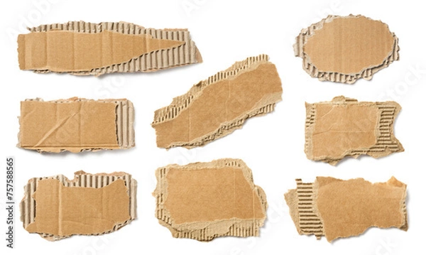 Fototapeta set / collection of ripped pieces of corrugated cardboard isolated over a transparent background, signs, labels, banners, or paper collage design elements, cut-out with subtle shadows, PNG