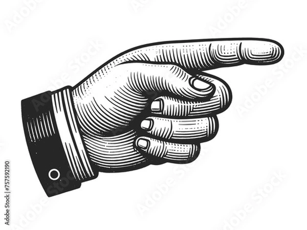 Fototapeta Hand pointer with forefinger index finger sketch engraving generative ai fictional character vector illustration. Scratch board imitation. Black and white image.