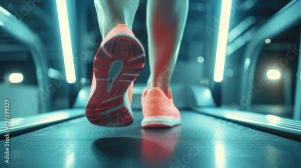 Fototapeta Close up a runner athlete running on treadmill in sports center. AI generated image
