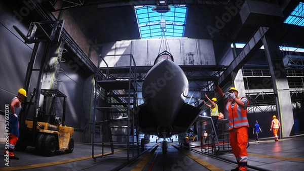 Fototapeta Production of military fighter jet f 22 raptor at the factory. Military factory weapon. 3d rendering.