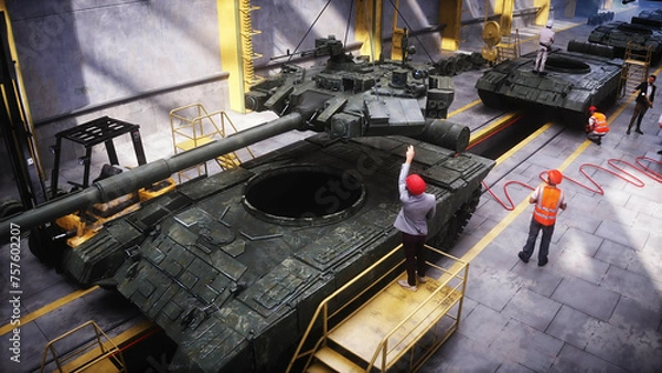 Fototapeta Production of military russian battle tank T 90 at the factory. Military factory weapon. 3d rendering.