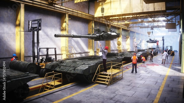 Fototapeta Production of military russian battle tank T 90 at the factory. Military factory weapon. 3d rendering.