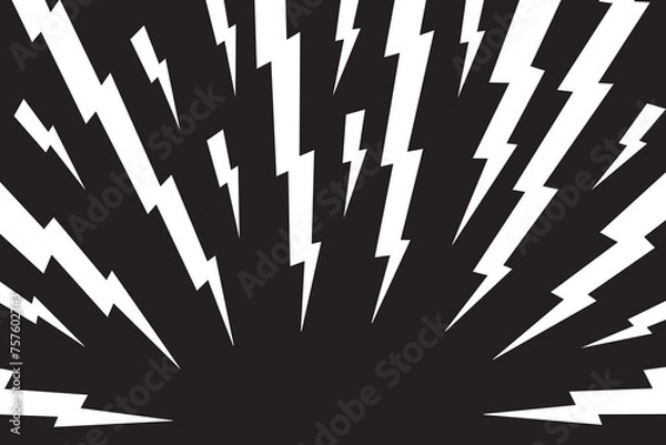 Fototapeta Thunder bolt pattern. Electric power, flash light, jagged stripes background. Superhero, boom, speed or surprise cartoon effect. Black and white comic print. Vector illustration