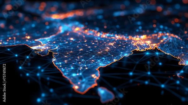 Obraz Digital globe focused on Asia/Middle East represents global networking, earthly connectivity, data transfer, info exchange, and global telecommunication