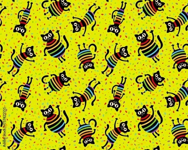 Obraz Cartoon black cats seamless rainbow lgbt stripes pattern for wrapping paper and fabrics and linens and clothes and pride
