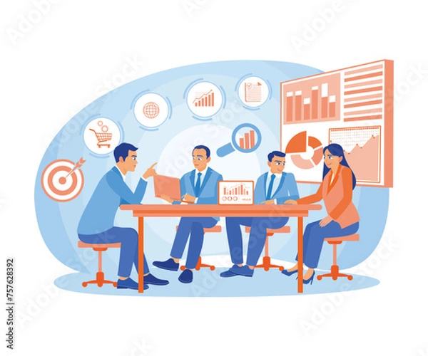 Fototapeta A group of business people are having a meeting in a conference room. Discuss business strategies to achieve targets. Business Meeting concept. Flat vector illustration.