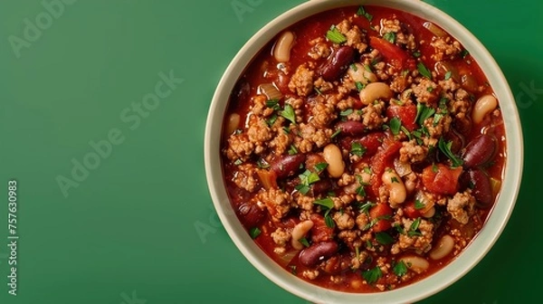 Fototapeta A bowl of spicy chili with ground turkey and beans, captured against a solid green background for a flavorful and satisfying food shot.