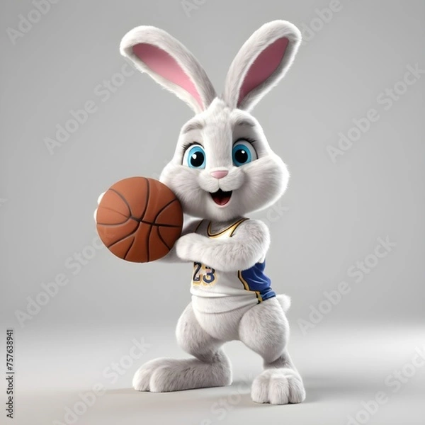Obraz Fluffy Easter Bunny playing basketball. Adorable 3D Render on White Background