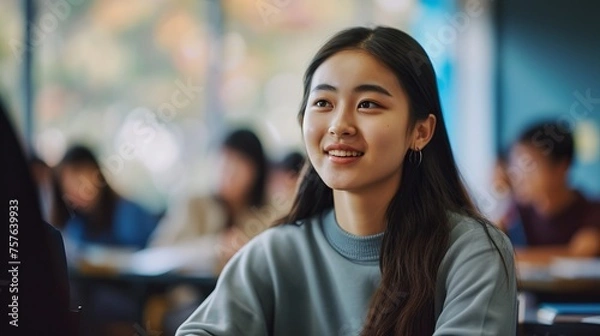 Fototapeta Enthusiastic Asian Adult Engaging in Classroom Discussion