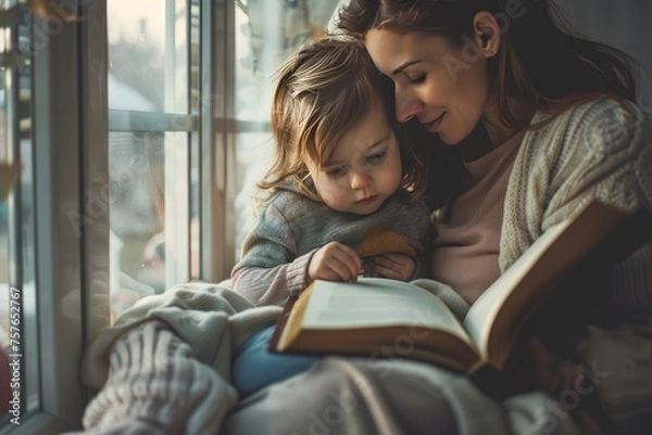 Fototapeta A quiet moment of a mom reading a book with her toddler in a cozy window nook