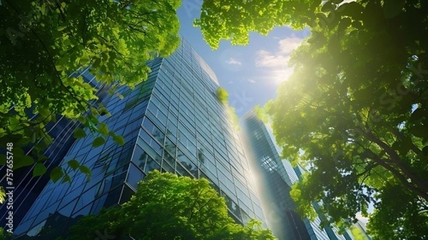 Fototapeta Environmentally friendly modern office building in the CBD sustainable office building with green natural trees reducing carbon dioxide for a green environment. Generative AI